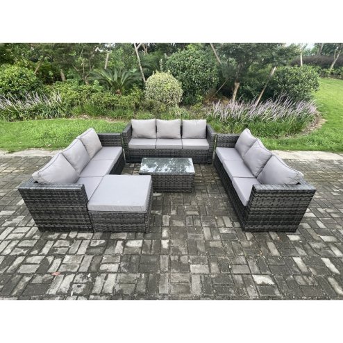 Fimous Outdoor Lounge Sofa Set Wicker PE Rattan Garden Furniture Set with Oblong Coffee Table Big Footstool Dark Grey Mixed