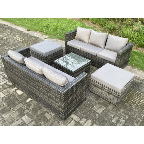 Fimous 8 Seater Rattan Garden Furniture Set Patio Outdoor Lounge Sofa Set with Square Coffee Table 2 Big Footstool Dark Grey Mixed