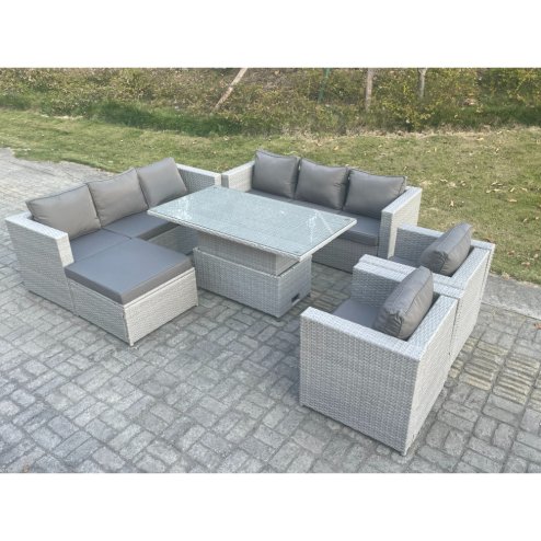 Fimous Rattan Garden Funiture Set Height Adjustable Rising Lifting Table Sofa Dining Set Lounge Sofa 2 Arm Chair Footstool