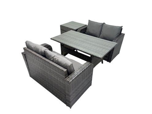 Fimous 4 Seat Outdoor Wicker PE Rattan Garden Furniture Set Dining Table Sofa Sets with Side Table Dark Grey Mixed