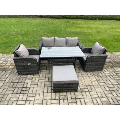 Fimous Wicker PE Rattan Garden Furniture Set Outdoor Rectangular Dining Table and Chair Sofa Set With Big Footstool Dark Grey Mixed