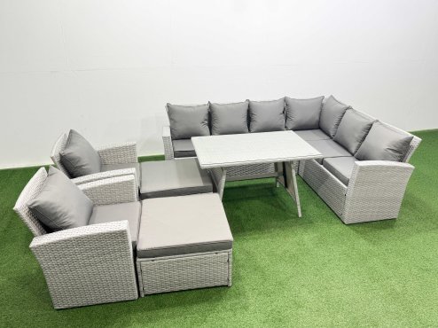 Fimous 10 Seater Garden Outdoor Rattan Furniture Set Rattan Corner Sofa Oblong Dining Table with 2 Armchairs 2 Big Footstools Light Grey Mixed