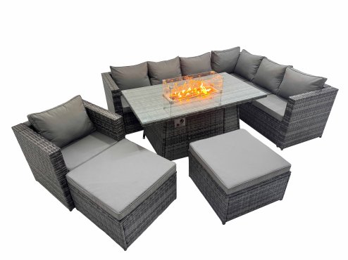 Fimous Garden Rattan Furniture Set 9 Seater Outdoor Corner Sofa Chair Gas Firepit Dining Table Set with 2 Big Stools Dark Grey