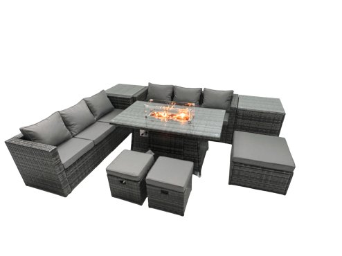 Fimous Rattan Garden Furniture Firepit Dining Set 9 Seater Lounge Sofa Table Set with 2 Side Table 3 Footstool