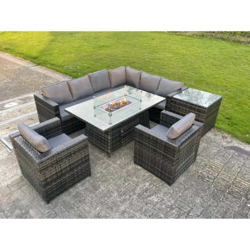 Fimous Outdoor Rattan Garden Corner Furniture Gas Fire Pit Dining Table Gas Heater Sets Lounge Chairs Side Table Dark Grey 8 Seater