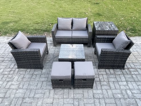 Fimous Outdoor Lounge Sofa Set Wicker PE Rattan Garden Furniture Set with Armchair Square Coffee Table Double Seat Sofa Side Table 2 Small Footstools Dark Grey Mixed