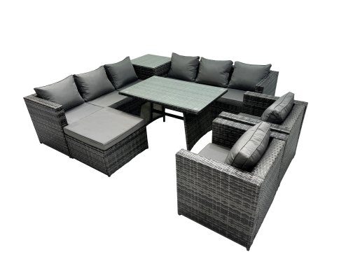 Fimous Outdoor Corner Sofa Chair Dining Table Set Garden Rattan Furniture Set 9 Seater with Big Stool Side Table Dark Grey