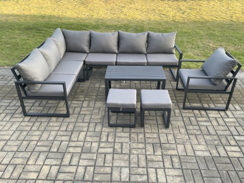 Fimous Aluminium Garden Furniture Set Outdoor Indoor Lounge Corner Sofa Chair Oblong Coffee Table Sets with 2 Small Footstools Dark Grey