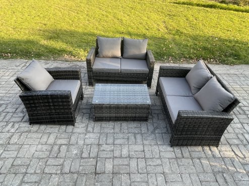 Fimous Wicker Rattan Garden Furniture Sofa Set with Rectangular Coffee Table Double Seat Sofa Chair 5 Seater Outdoor Rattan Set Dark Grey Mixed