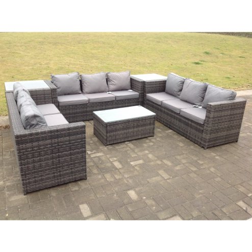 Fimous Outdoor Rattan Garden Furniture Lounge Sofa Set With Oblong Coffee Table And 2 Side Tall Table