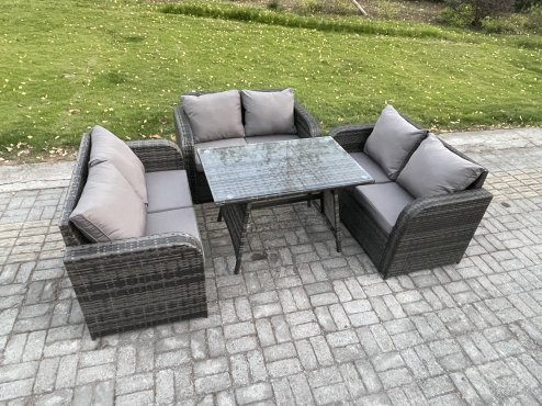 Fimous Rattan Garden Furniture Set 6 Seater Patio Outdoor Love Sofa Set with Rectangular Dining Table Dark Grey Mixed