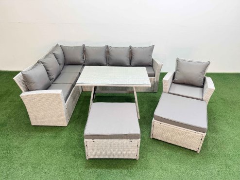 Fimous Garden Outdoor Rattan Furniture Set Rattan Corner Sofa Oblong Dining Table with Armchair 2 Big Footstools Light Grey Mixed 9 Seater