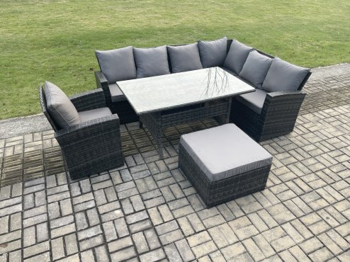 Fimous 8 Seater Garden Rattan Furniture Corner Sofa Dining Table Chair Set with Big Footstool Indoor Outdoor Lounge Sofa Set