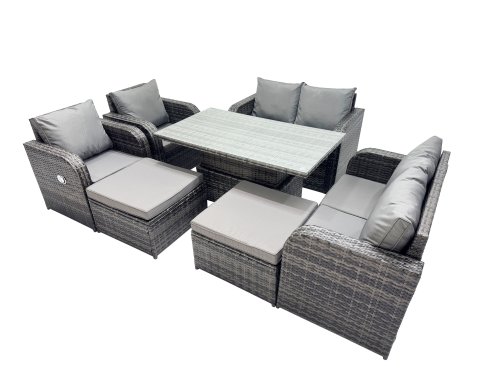 Fimous 8-seater Patio Height Adjustable Rising Lifting Table Sofa Sets Rattan Garden Furniture Dining Set with 2 Big Footstool Dark Grey Mixed