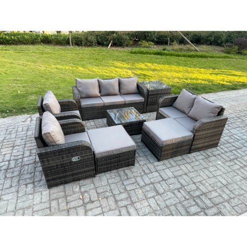 Fimous Rattan Garden Furniture 8 Piece Patio Set Table Sofa Chairs With 2 Big Footstool Side Table
