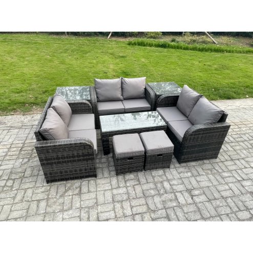 Fimous Outdoor Garden Furniture Sets 8 Pieces Wicker Rattan Furniture Sofa Sets with Rectangular Coffee Table Love seat Sofa 2 Small Footstools 2 Side Tables