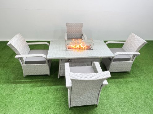 Fimous Outdoor Rattan Garden Furniture Set Patio 4 Chairs Plus Gas Fire Pit Table Sets Light Grey Mixed