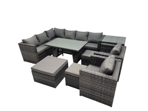 Fimous 11-seater Outdoor PE Rattan Sofa Set with Dining Table Patio Garden Furniture Sets with 2 Chair 3 Stools Side Table Dark Grey Mixed