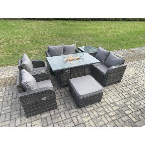 Fimous 7 Seater Rattan Garden Furniture Set Propane Gas Fire Pit Table and Sofa Chair set with Big Footstool Side Table