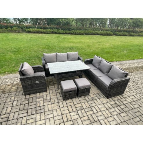 Fimous 9 Seater Lounge Rattan Sofa Set Outdoor Garden Furniture Oblong Rectangular Dining Table With Adjustable Chair 2 Small Footstools Dark Grey Mixed