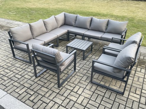 Fimous Outdoor Garden Furniture Patio Lounge Corner Sofa Aluminium Set with Square Coffee Table 3 Pcs Arm Chairs Dark Grey