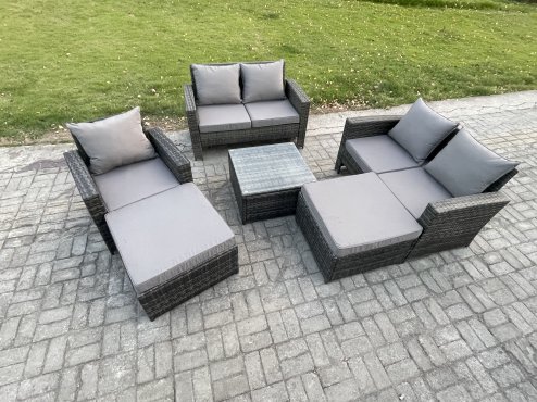 Fimous 7 Seater Rattan Outdoor Garden Furniture Sofa Set Table & Chairs with 2 Big Footstool Dark Grey Mixed