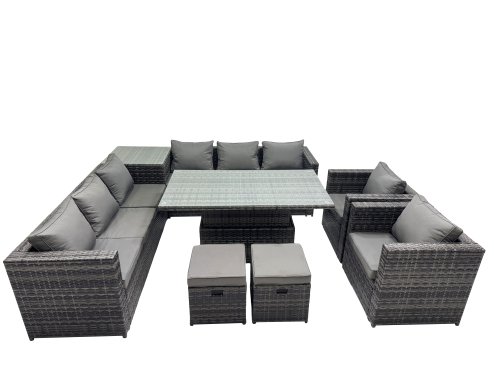 Fimous 10 Seater Outdoor Corner Sofa Height Adjustable Rising Lifting Table Set Garden Rattan Furniture Set with Side Table 2 Small Stools Dark Grey