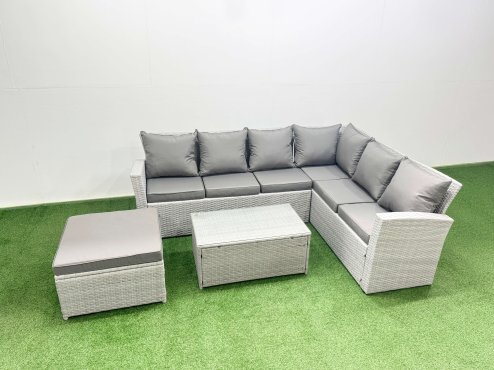 Fimous Garden Outdoor PE Rattan Furniture Set 7 Seater Rattan Garden Sofa Set with Oblong Coffee Table Light Grey Mixed