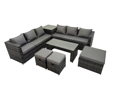 Fimous Garden Rattan Outdoor Furniture Set 9 Seater Patio Corner Sofa Oblong Coffee Table with 3 Stool Side Table Dark Grey