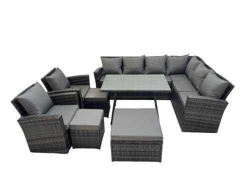 Fimous 11 Seater Garden Outdoor Rattan Furniture Set Rattan Corner Sofa Oblong Dining Table with 2 Armchairs 3 Footstools Dark Grey