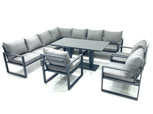 Fimous 10 Seater Outdoor Aluminum Garden Furniture Set Corner Sofa 3 Chairs Adjustable Rising Lifting Dining Table Sets Dark Grey