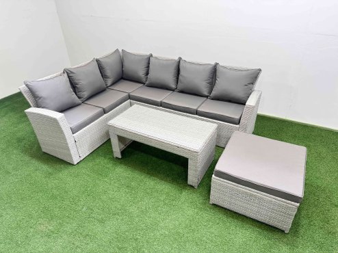 Fimous Rattan Garden Furniture Set Outdoor 7 Seater Corner Sofa Sets with Oblong Coffee Table Big Footstool Light Grey Mixed