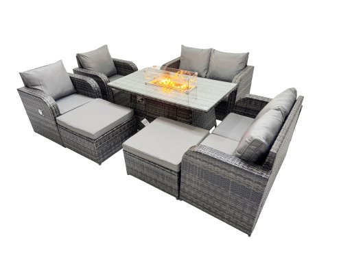 Fimous 8-seater Patio Gas Firpit Dining Table Sofa Sets Rattan Garden Furniture Dining Set with 2 Big Stools Dark Grey Mixed