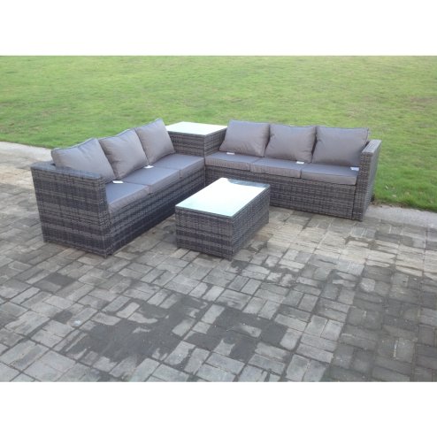 Fimous Grey Rattan Corner Sofa Set Outdoor Garden Furniture Oblong Coffee Table Set Patio With Cushions