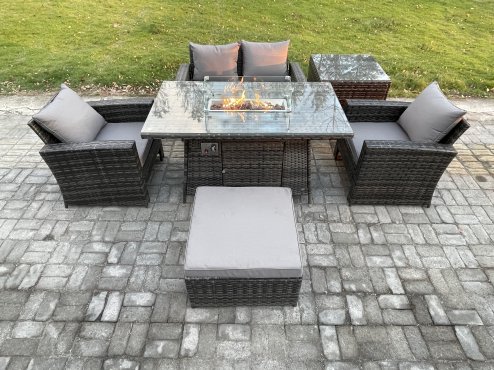 Fimous 5 Seater?Outdoor Rattan Sofa Set Garden Furniture Gas Firepit Dining Table Heater with Big Footstool Side Table Dark Grey Mixed