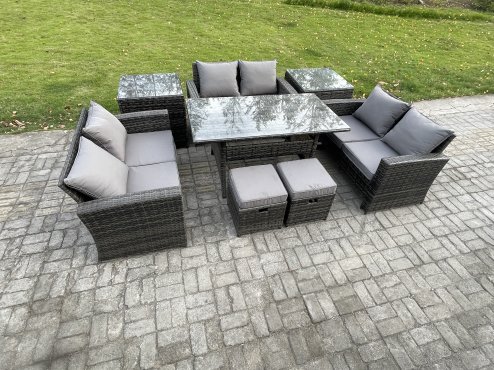 Fimous 8 Seater Wicker PE Rattan Garden Furniture Sets Outdoor Lounge Sofa Set with Oblong Dining Table Double Seat Sofa 2 Small Footstools 2 Side Tables Dark Grey Mixed