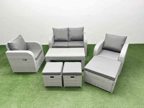 Fimous Light Grey PE Wicker Rattan Garden Furniture Set Sofa Set Reclining Adjustable Chair Oblong Coffee Table 7 Seater 3 Stools