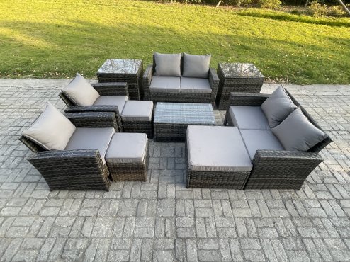 Fimous Garden Furniture Sets 10 Pieces Outdoor Rattan Furniture Manual Wicker Patio Sofa Chair Set with Coffee Table 3 Footstools 2 Side Tables Dark Grey Mixed