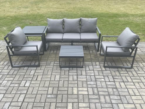 Fimous Aluminium Outdoor Garden Furniture Set Lounge Sofa 2 PC Chairs Square Coffee Table Sets with Side Table Dark Grey