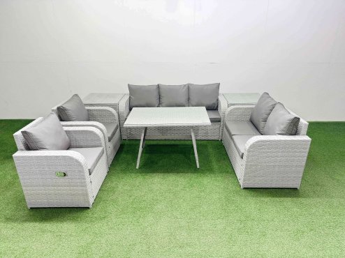 Fimous PE Rattan Garden Furniture Set Outdoor Rectangular Dining Table Sofa Set with Reclining Chair 2 Side Tables Light Grey