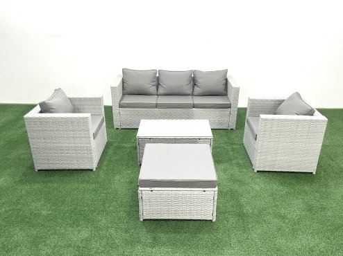 Fimous Rattan Garden Furniture Set with 3 Seater Sofa 2 Chair Rectangular Coffee Table Big Footstool Light Grey Mixed 6 Seater