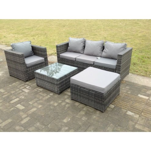 Fimous Lounge Dark Mixed Grey Rattan Sofa Set With Tables Stool Outdoor Garden Furniture Patio 5 Seater