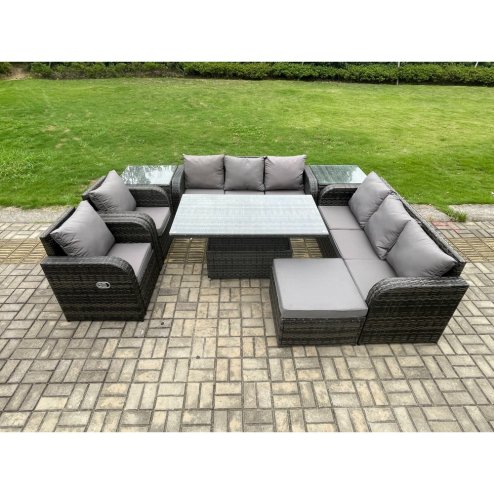 Fimous Rattan Outdoor Garden Furniture Sets Height Adjustable Rising lifting DiningTable Sofa Set with Reclining Chair 2 Side Table Big Footstool Dark Grey Mixed