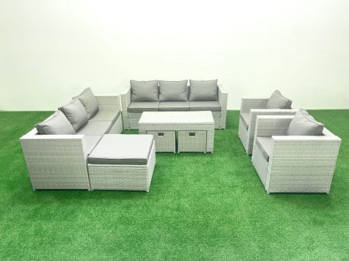 Fimous Outdoor Garden Furniture Rattan Sofa Set with 2 Armchairs Oblong Coffee Table 3 Footstools Light Grey Mixed