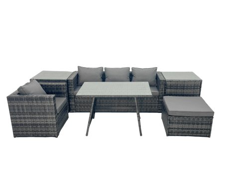 Fimous Outdoor Dining Table Sofa Armchair Set with 2 Side Tables Big Footstool Garden Furniture Set Dark Grey Mixed