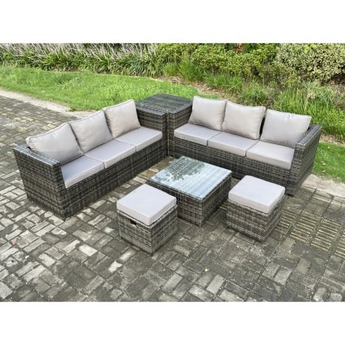 Fimous 8 Seater Rattan Garden Furniture Sofa Set with Side Table Square Coffee Table 2 Small Footstool Indoor Outdoor Rattan Set Dark Grey Mixed