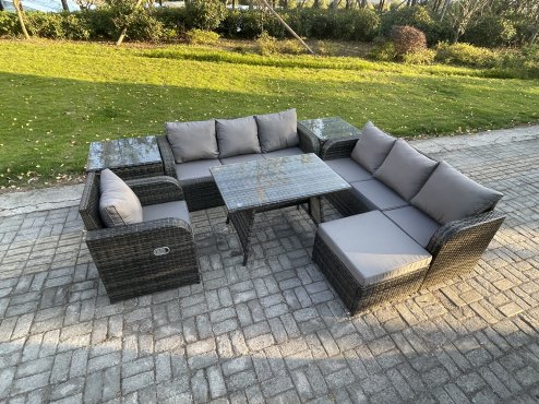 Fimous Outdoor Lounge Sofa Set Wicker PE Rattan Garden Furniture Set with Rectangular Dining Table Reclining Chair 2 Side Tables Big Footstool Dark Grey Mixed