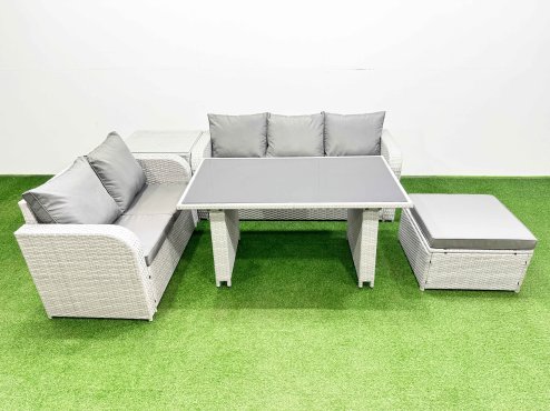 Fimous Garden Furniture Set PE Ratten Garden Sofa Set with Rectangular Dining Table Big Stool Side Table Light Grey