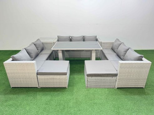 Fimous Patio Outdoor Garden Furniture Sets with Black Glass Top Dining Table 3 Seater Sofa Side Table 2 Big Stool Light Grey