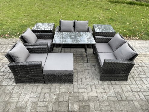 Fimous Rattan Garden Furniture Set Patio Outdoor Lounge Sofa Set with Rectangular Dining Table Double Seat Sofa 2 Side Tables Big Footstool Dark Grey Mixed